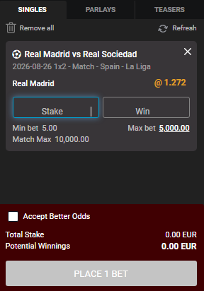 Ticket de pari PS3838 : Real Madrid contre Real Sociedad en Liga, cote 1,272, mise maximale de 5 000 affichée et plafond de 10 000 sur le match